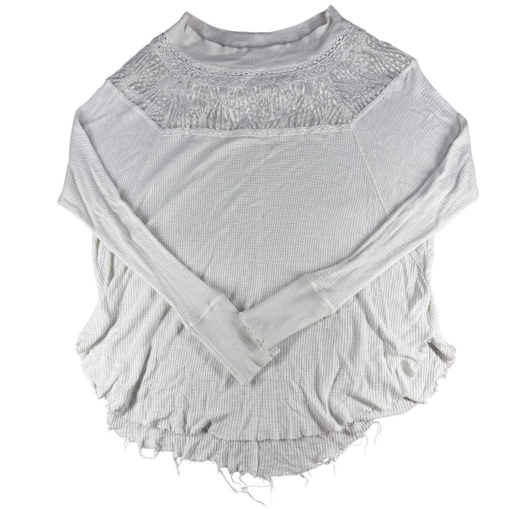 Free People Lace Yoke Waffle Knit Thermal Top Ivory Cream Medium Womens